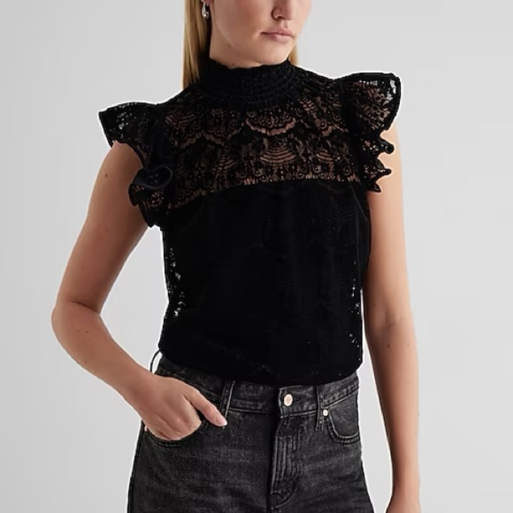 Express Velvet Lace Ruffle Mock Neck Flutter Sleeve Gramercy Tee